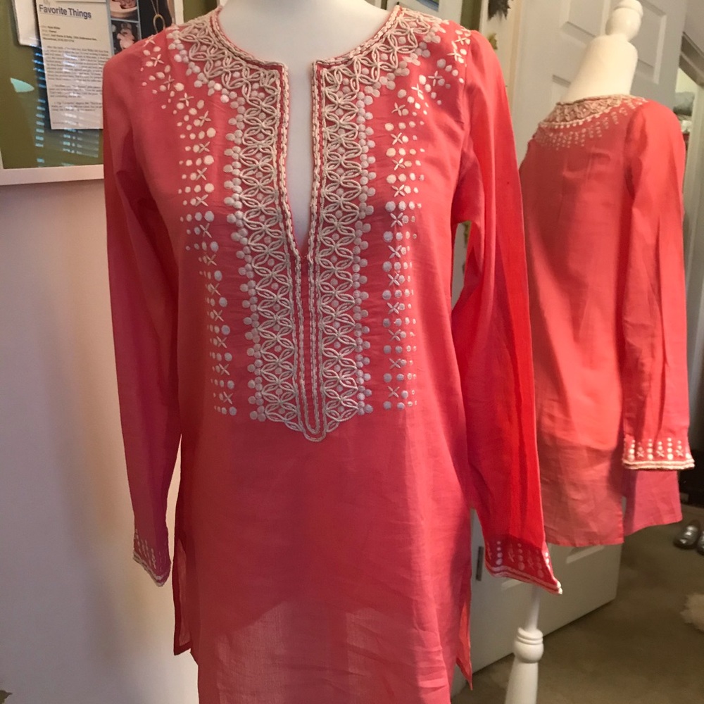 Beautiful flamingo pink embroidered tunic.  India